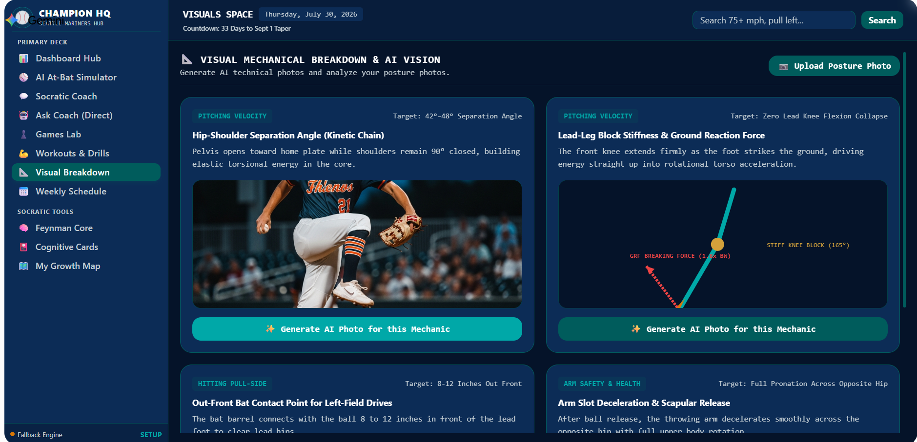 Champion HQ web app built by a cohort 1 student: a visual mechanical breakdown of pitching mechanics with target angles and ground reaction force diagrams