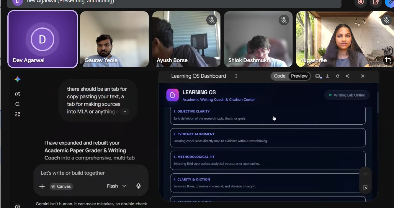 Session 3 of Cohort 01: all three students on Google Meet with the Learning OS dashboard mid-build